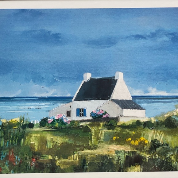Unique Cottage by the Sea Scene Print Blue Frame19” 14” - Picture 3 of 7